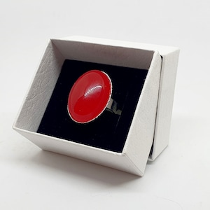 Puede incluir: Un anillo rojo con una banda plateada en una caja blanca.