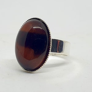 May include: A silver ring featuring a large oval brown and black gemstone set in a silver bezel.