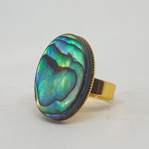 Large Oval semi-precious New Zealand Paua Shell (Black Abalone) ring, adjustable size gold-plated ring, statement real gemstone ring
