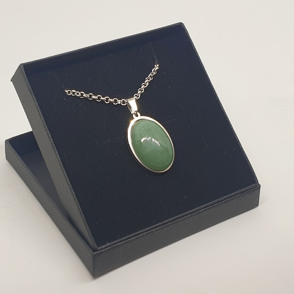 Large Oval semi-precious Brazilian Green Aventurine pendant necklace, silver-plated necklace, statement gemstone necklace