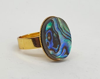 Oval Paua Shell Ring: New Zealand Abalone Adjustable Gold-Plated Abalone Ring