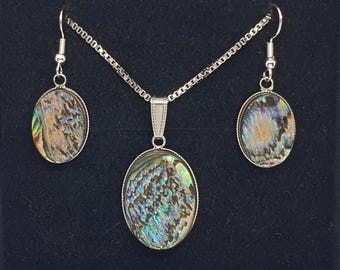 Abalone Shell Pendant Necklace & Earrings Set: Silver-Plated New Zealand Paua Shell Jewelry