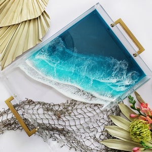 Clear Acrylic Ocean Serving Tray Gold Handles Bali Breeze