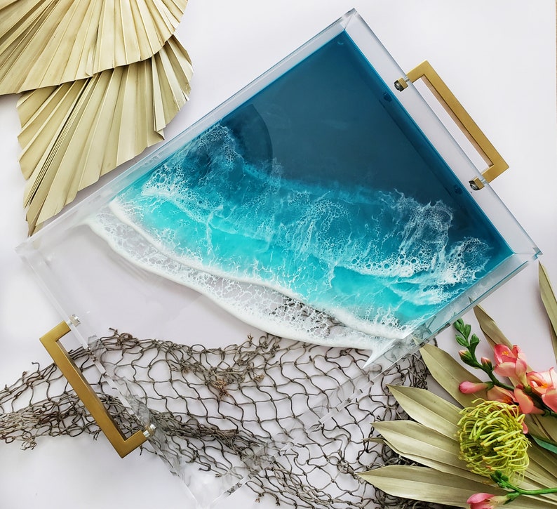 Clear Acrylic Ocean Serving Tray Gold Handles Bali Breeze