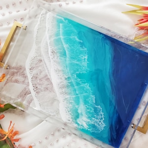 Clear Acrylic Ocean Serving Tray Gold Handles Tropical Getaway