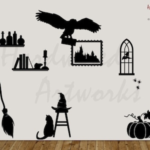 Magical Wizarding Wall Decal - Owl, Potions, Broomstick, Dragon, Cat, Pumpkin, Wand - Magic Witch and Wizard Room Vinyl Wall Sticker