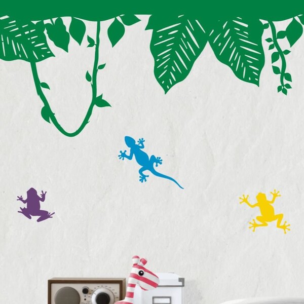 Rainforest Wall Decal - Jungle Canopy, Ferns, Forest Foliage, Bright Colorful Frogs, Salamanders - Wall Stickers for Kids Room and Nursery