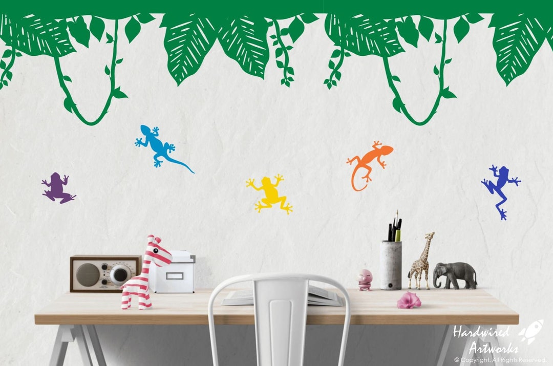Rainforest Wall Decal Jungle Canopy, Ferns, Forest Foliage, Bright
