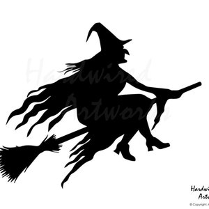 Flying Witch Wall Decal - Old Witch with Rags on Broomstick Silhouette Sticker - Whimsical Supernatural Magic Theme - Halloween Party Decor
