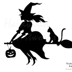 Halloween Witch Decal - Customize Size and Color! - Flying Witch on Broomstick with Pumpkin and Black Cat Sticker - Magic Party Decor