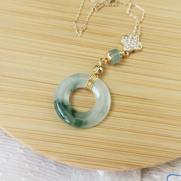 Dainty Grade A Burma Icy Green Jade Necklace, Grade A Burmese Icy Green Flowery Jadeite, 14k Gold Filled, Icy Jade Donut, 緬甸冰起光甜甜圈翡翠項鍊