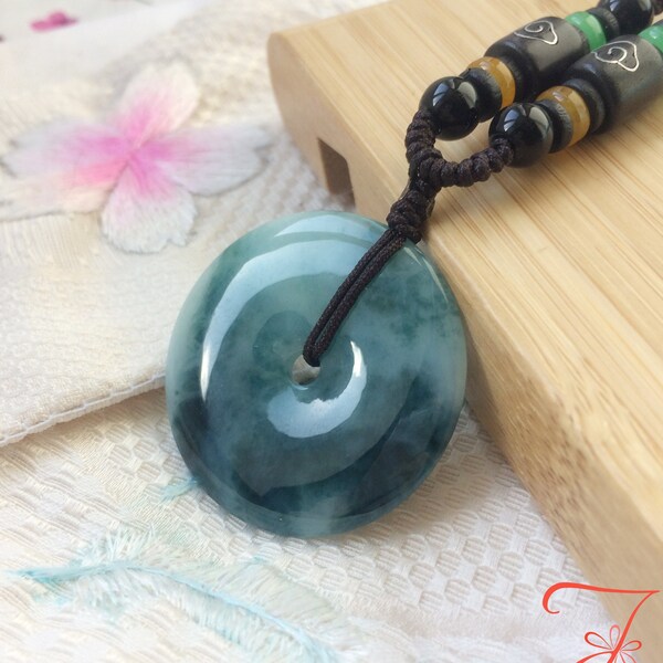 Huge Donut Jade Pendant, Blue Jade Amulet Necklace, Ping-An-Kou Jadeite, Certified Grade A Burmese Blue flowery Jadeite, 緬甸種水細糯藍飄花翡翠大平安扣項鍊