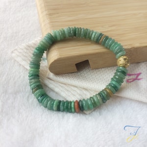 Burma Icy Green Jadeite Beaded Bracelet, 7mm Mini Ping-An-Kou, Grade A Icy Green, Yellow and red Jade, Heishi Surfer Style, 緬甸綠多彩平安扣翡翠手串