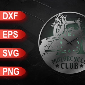 May include: A silver metal clock featuring a motorcycle with a woman riding it. The clock face has black hands and a green glow. The text "Motorcycle Club" is below the clock face.