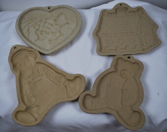 Lot of 4 Cookie Cutters/Press - Brown Bag Cookie Art 1984 Bear, 1986 Raggedy Ann, 1993 House of Hearts, 1995 Pampered Chef - Heart of Plenty