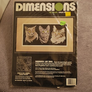 Vintage 1992 Dimension No Count Cross Stitch - Dramatic Cat Trio - Awesome Black and White Look - unopened -NICE!! 14&quot;X7&quot; Frame Size