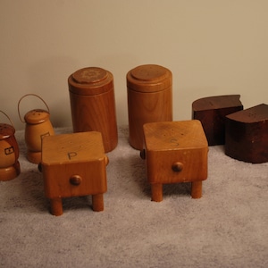 4 Vintage Different pairs of Salt and Pepper Shakers -Wooden - Butcher Block, tree stumps, laterns, cylinders - All for one price!!  NICE!!