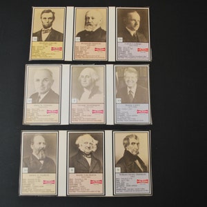 May include: Nine vintage trading cards featuring black and white portraits of American presidents. Each card has a red, white, and blue border and includes the president's name, years in office, and a brief biography. The cards are from the Little Debbie brand.