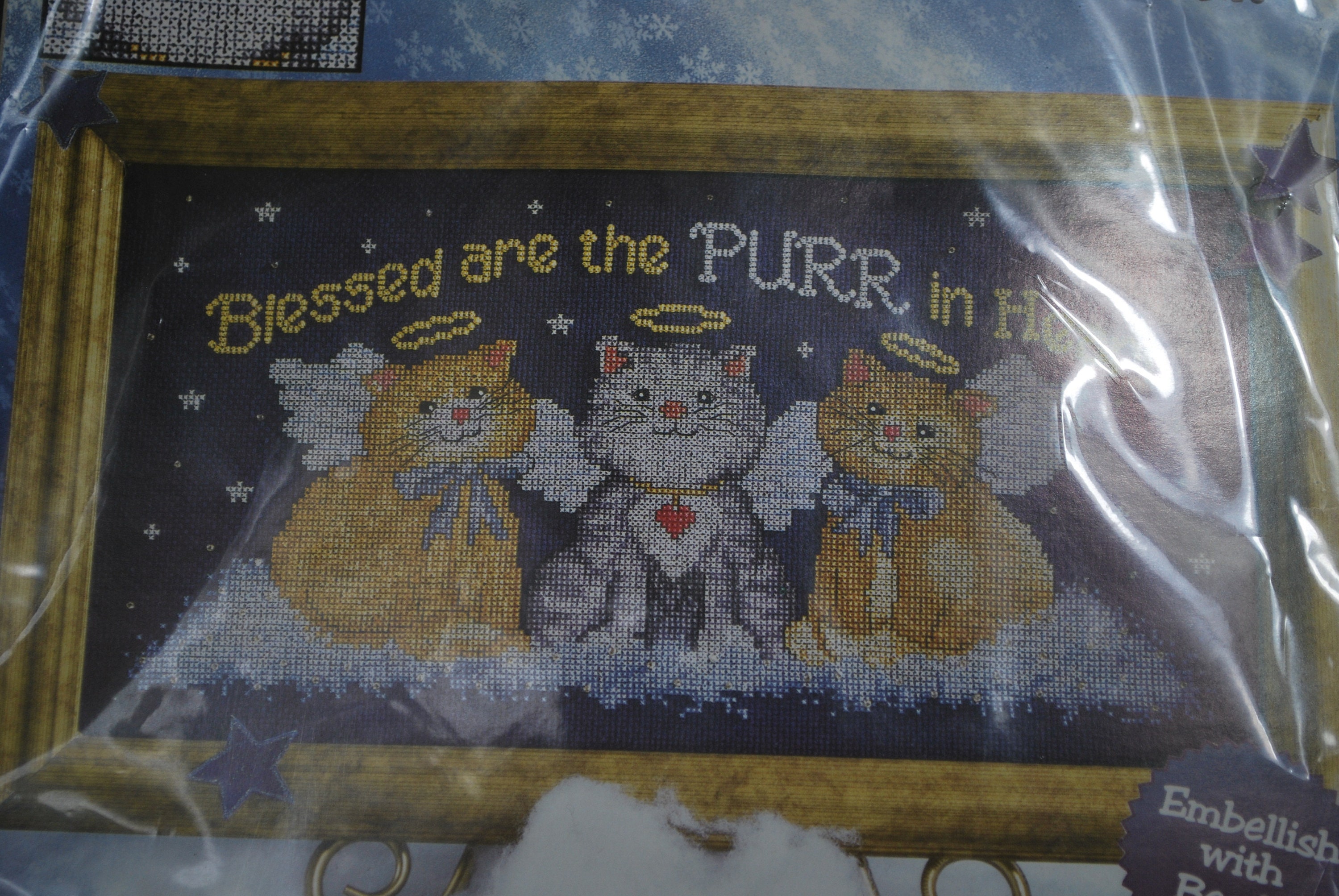 Counted Cross Stitch Kit "Purr" In Heart 8"X15" Unopened - Kitties as Angels - NICE!!