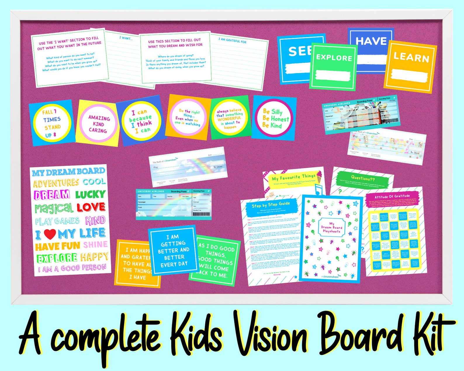 Dream board Kit Kids Positivity Box with worksheets Vision Etsy