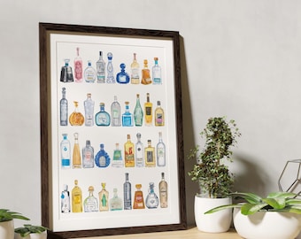 Puede incluir: Una pintura de acuarela de una colección de botellas de tequila en varios colores y diseños. Las botellas están dispuestas en filas sobre un fondo blanco.