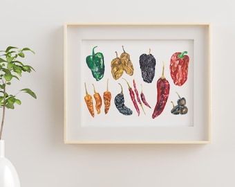 Mexican Chillies Watercolour Wall Art Print | A3 A4 Print | Food Illustration | Vibrant Food Kitchen Decor