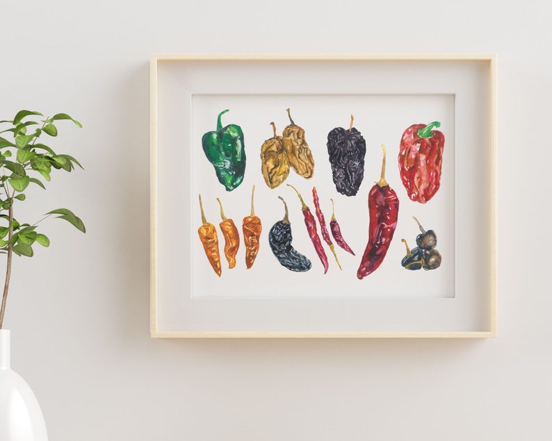 Mexican Chillies Watercolour Wall Art Print | A3 A4 Print | Food Illustration | Vibrant Food Kitchen Decor