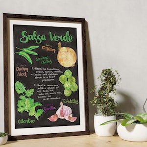 Salsa Verde Blackboard Recipe Art | Mexican Recipe Poster | Salsa Recipe Art | Watercolour Recipe | Chalkboard Recipe Art |A3 A4