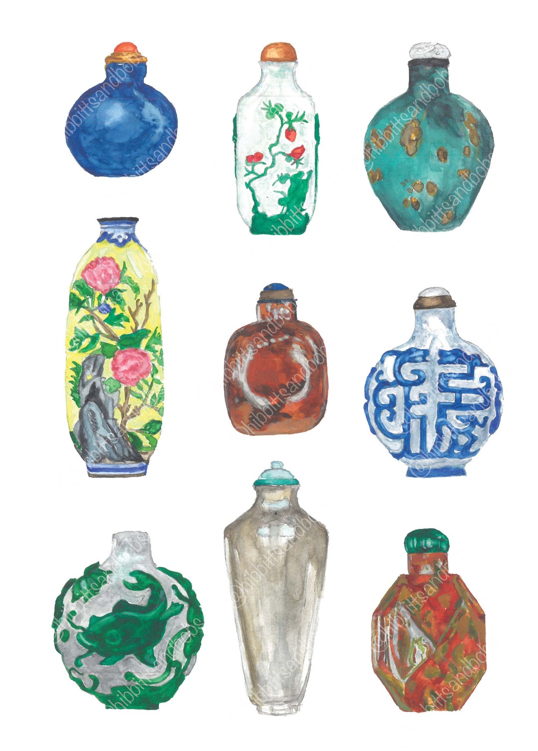 Colourful Snuff Bottle Watercolour Print | Chinese Snuff Bottles Art ...