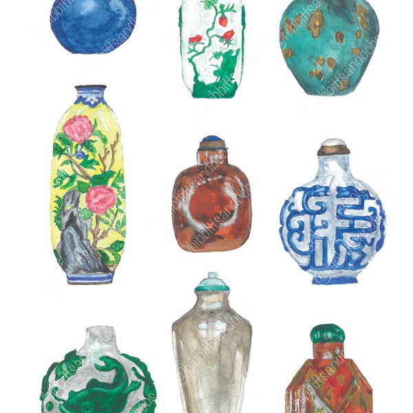 Impresión de acuarela de botella de rapé de colores / Impresión de arte de botellas de rapé chinas / Impresión de acuarela A4 / Impresión de botellas estampadas