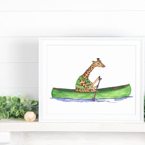 Canoa jirafa acuarela arte impresión / arte en canoa / regalos para remeros / regalo de piragüismo / acuarela jirafa impresión / impresión A3