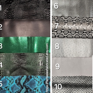 May include: Ten different faux leather samples, including black, gray, green, and blue. The samples are arranged in two columns, with numbers 1-5 on the left and 6-10 on the right. The samples are all textured, with different patterns and colors.