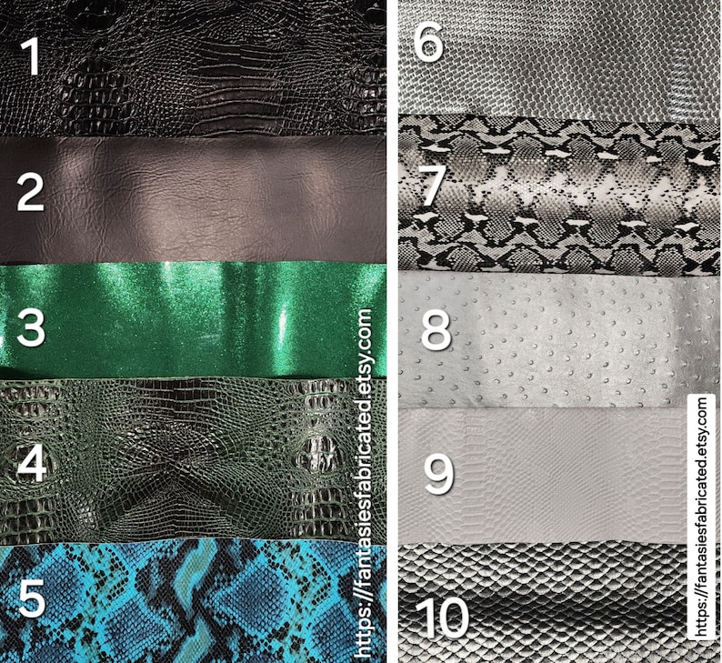 May include: Ten different faux leather samples, including black, gray, green, and blue. The samples are arranged in two columns, with numbers 1-5 on the left and 6-10 on the right. The samples are all textured, with different patterns and colors.