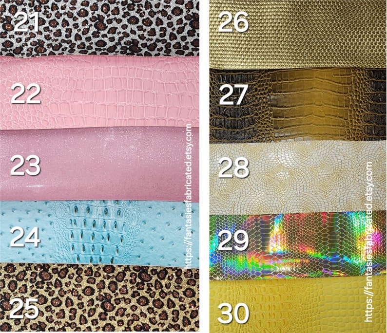 May include: A collection of ten different faux leather fabric swatches. The swatches are arranged in two columns of five. The swatches are numbered 21 through 30. The swatches feature a variety of patterns, including leopard print, crocodile, and snakeskin.