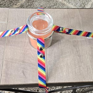 May include: A clear glass jar with a rainbow striped ribbon tied around it. The ribbon is secured with silver metal rings.