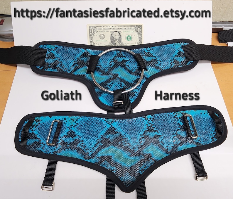 May include: A blue and black snake print harness with a silver ring and adjustable straps. The harness is labeled "Goliath Harness".