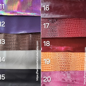 May include: A selection of ten different faux leather fabric swatches, numbered 11 through 20. The swatches include iridescent, purple, brown, gray, black, burgundy, red, maroon, orange, and pink.
