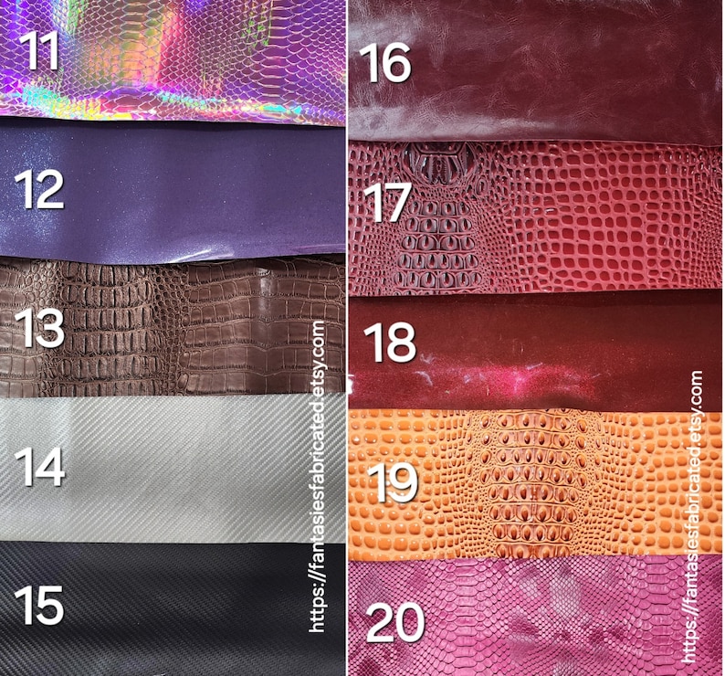 May include: A selection of ten different faux leather fabric swatches, numbered 11 through 20. The swatches include iridescent, purple, brown, gray, black, burgundy, red, maroon, orange, and pink.