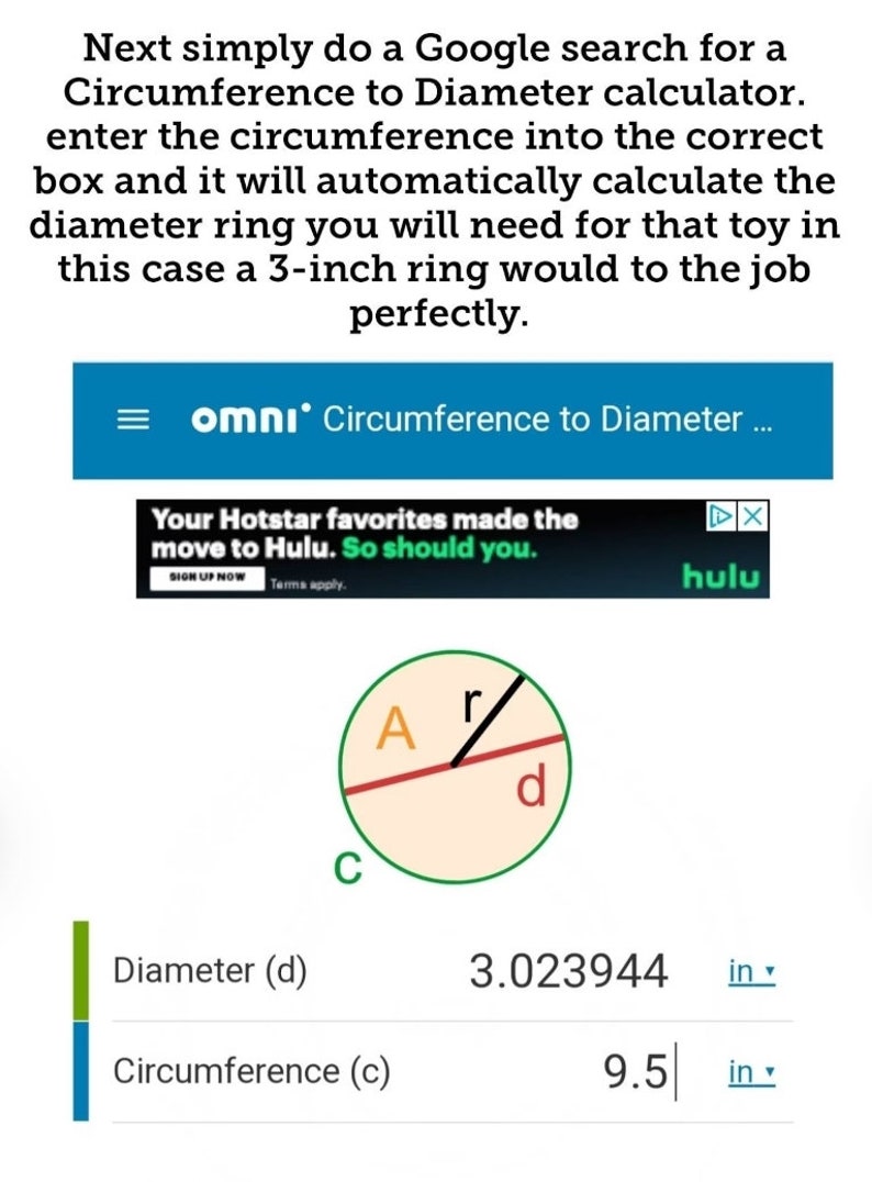 May include: A diagram illustrating the relationship between the diameter and circumference of a circle. The diameter is labeled 'd' and the circumference is labeled 'c'. The diameter is 3.023944 inches and the circumference is 9.5 inches.