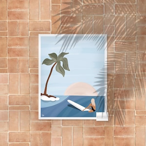 Floating Surfing Girl Illustration Art Print, Minimal Wall Art Print, Home Decor, Modern Art, Fine Art Giclee Print