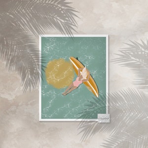 Floating Surfer Girl Illustration Print, Portrait Art Print, Minimal Wall Art Print, Home Decor, Modern Art, Fine Art Giclee Print