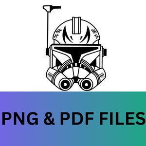May include: Black and white line art illustration of a Star Wars Clone Trooper helmet. The helmet has a visor and a design on the front. PNG & PDF FILES text is at the bottom of the image.