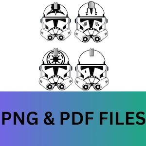 Könnte beinhalten: Vier schwarz-weiße Umrisszeichnungen von Star Wars Klonkrieger-Helmen. Die Helme haben unterschiedliche Markierungen auf der Vorderseite.  PNG & PDF FILES.