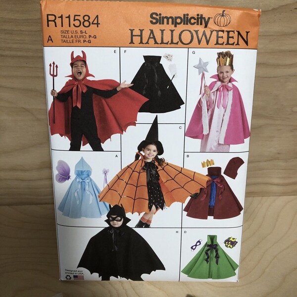 Uncut Simplicity Halloween Pattern R11584 Child's Cape Robe Batman Witch Devil Princess Size S-L