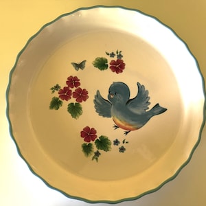 True Vintage 1980s Bluebird of Happiness Ceramic Tart Pan Pie Plate with Fluted Rim Cottagecore Blue Bird