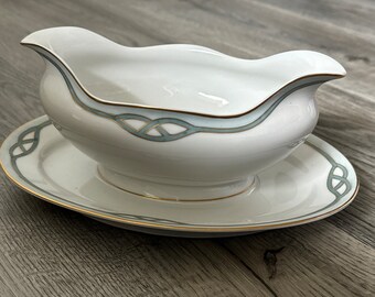 Vera salsiera vintage anni '20 MIJ Meito China Helena Art Deco con sottopiatto attaccato