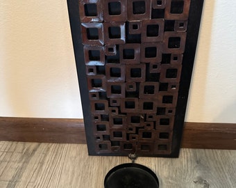 Asian Inspired Brutalist Raised Geometric Abstract Squares Metal Wall Art Folding Candle Holder