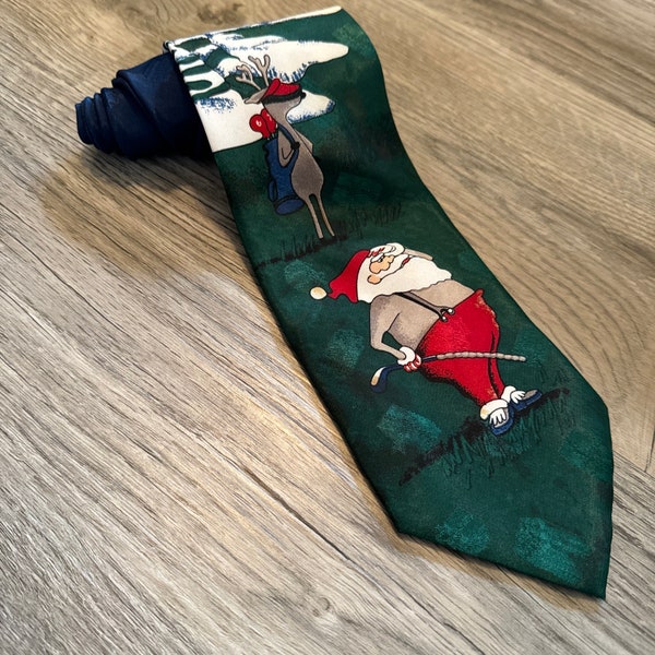 True Vintage 1990s Hallmark Yule Tie Greetings Golfing Santa Claus & Reindeer Caddy Christmas Necktie Noel Fun