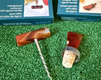 Vintage Corkscrew Vine Bottle Opener & Stopper Agate Gemstone Handle Lot of 2