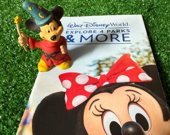 Vintage Walt Disney Mickey Mouse Fantasia Sorcerer Wizard Figure & WDW Guidebook